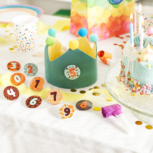Kids Birthday Crowns with 0-9 Number Badges - Reversible Blue and Turquoise Crown in Muslin Cotton
