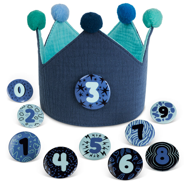 Kids Birthday Crowns with 0-9 Number Badges - Reversible Blue and Turquoise Crown in Muslin Cotton